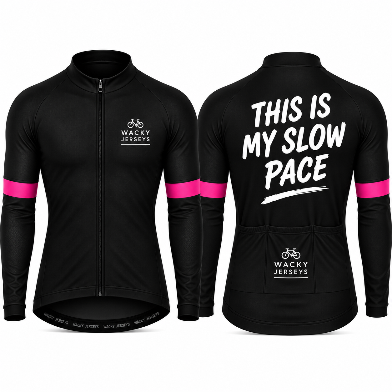 Black long-sleeve cycling jersey shown from the front and back on a white background. The front has a full zipper, a white 'Wacky Jerseys' logo on the left chest, and bright pink sleeve stripes.