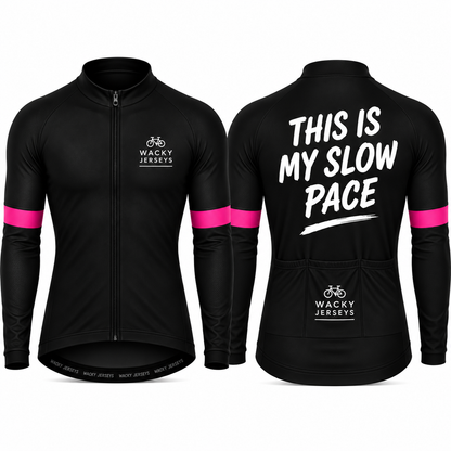 Black long-sleeve cycling jersey shown from the front and back on a white background. The front has a full zipper, a white 'Wacky Jerseys' logo on the left chest, and bright pink sleeve stripes.