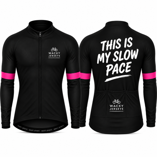 Black long-sleeve cycling jersey shown from the front and back on a white background. The front has a full zipper, a white 'Wacky Jerseys' logo on the left chest, and bright pink sleeve stripes.