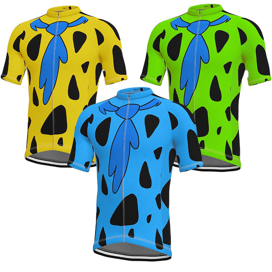 Three colorful cycling jerseys with a cartoonish design on a white background