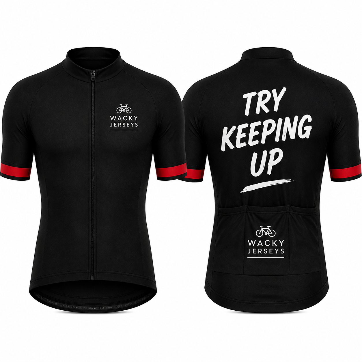 Black short-sleeve cycling jersey shown from the front and back on a white background. The front features a full zip, a small white 'Wacky Jerseys' logo on the left chest, and red accents on the sleeve cuffs.