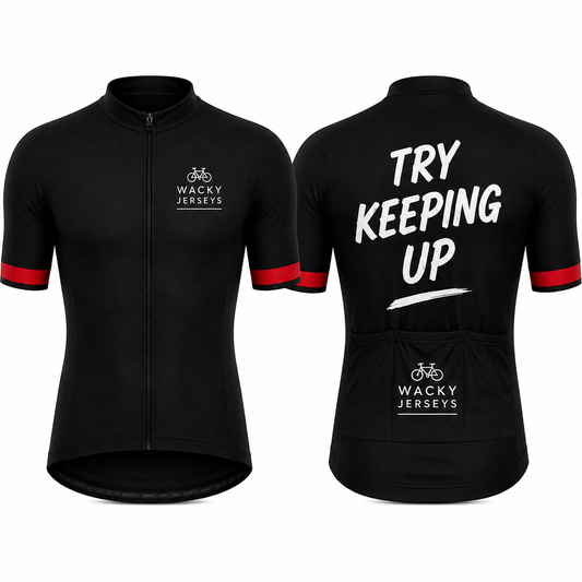 Black short-sleeve cycling jersey shown from the front and back on a white background. The front features a full zip, a small white 'Wacky Jerseys' logo on the left chest, and red accents on the sleeve cuffs.