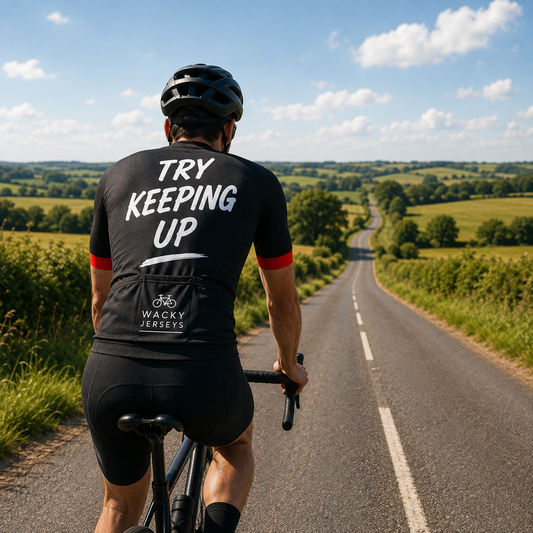 A cyclist viewed from behind riding on a country road, wearing a black cycling jersey with 'TRY KEEPING UP' and 'WACKY CYCLES' printed on the back, along with black shorts and a black helmet.