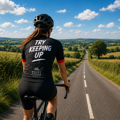 A cyclist viewed from behind riding on a country road under a blue sky, wearing a black cycling jersey with 'TRY KEEPING UP' and 'WACKY JERSEYS' printed on the back, along with black shorts and a black helmet.
