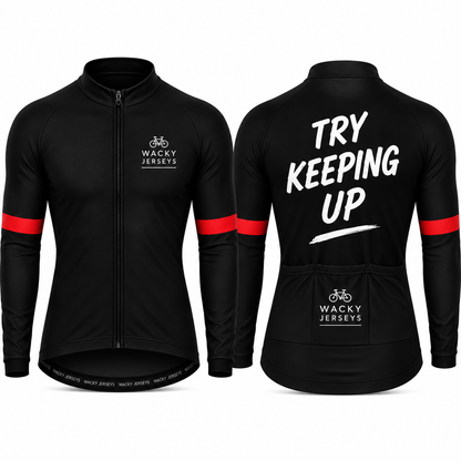 Black long-sleeve cycling jersey shown from the front and back on a white background. The front has a full zipper, a small white Wacky Jerseys logo on the left chest, and red stripes on the upper and lower forearms.