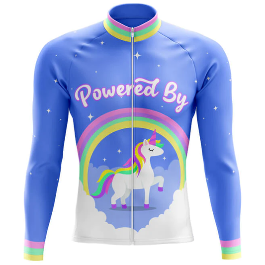 Cycling jersey with unicorn and rainbow design on a blue background