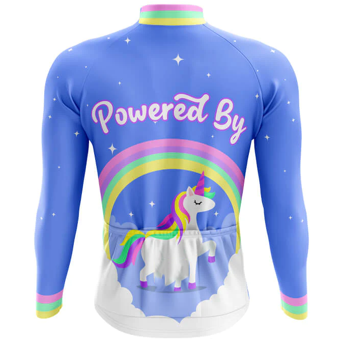 Cycling jersey with unicorn and rainbow design on a blue background