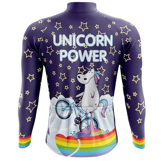 Cycling jersey with unicorn design and 'Unicorn Power' text on a purple background