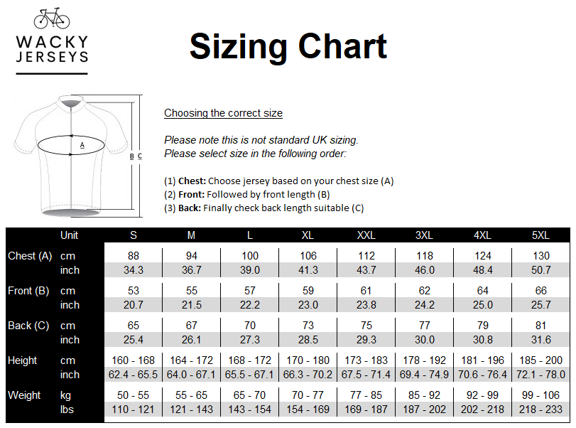A sizing chart for Wacky Jerseys t-shirts, showing a size guide with a diagram of chest, front, and back measurements, and a detailed size table from S to 5XL with measurements in cm and lbs.