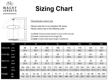 A sizing chart for Wacky Jerseys t-shirts, showing a size guide with a diagram of chest, front, and back measurements, and a detailed size table from S to 5XL with measurements in cm and lbs.