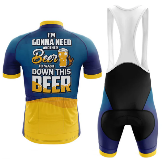 Cycling jersey and bib shorts with humorous text and graphics on a white background