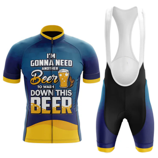 Cycling jersey and bib shorts with humorous text and graphics on a white background