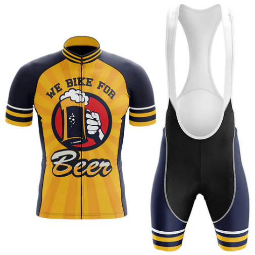 Cycling jersey and bib shorts with 'We Bike for Beer' design on a white background
