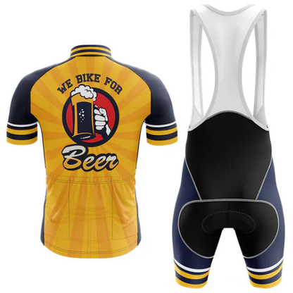 Cycling jersey and bib shorts with 'We Bike For Beer' design on a white background