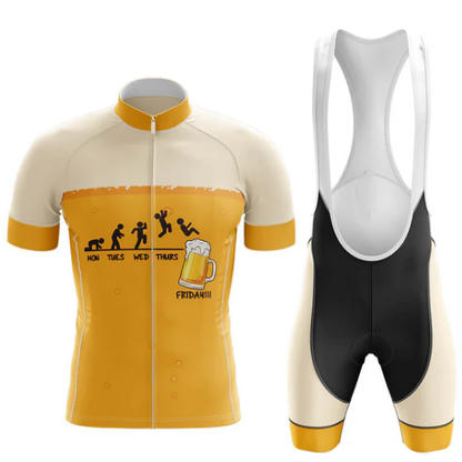 Cycling jersey and bib shorts with a beer-themed design on a white background
