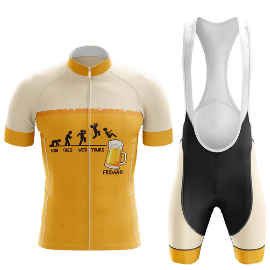 Cycling jersey and bib shorts with a beer-themed design on a white background