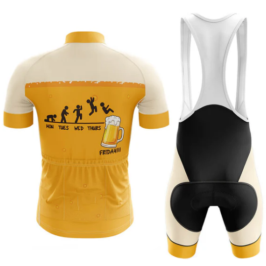 Cycling jersey and bib shorts with a beer-themed design on a white background