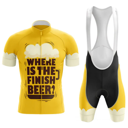 Yellow cycling jersey and bib shorts with 'Where is the Finish Beer?' text on a white background