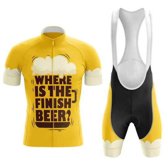 Yellow cycling jersey and bib shorts with 'Where is the Finish Beer?' text on a white background