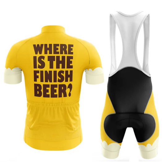 Yellow cycling jersey with text 'WHERE IS THE FINISH BEER?' on a white background