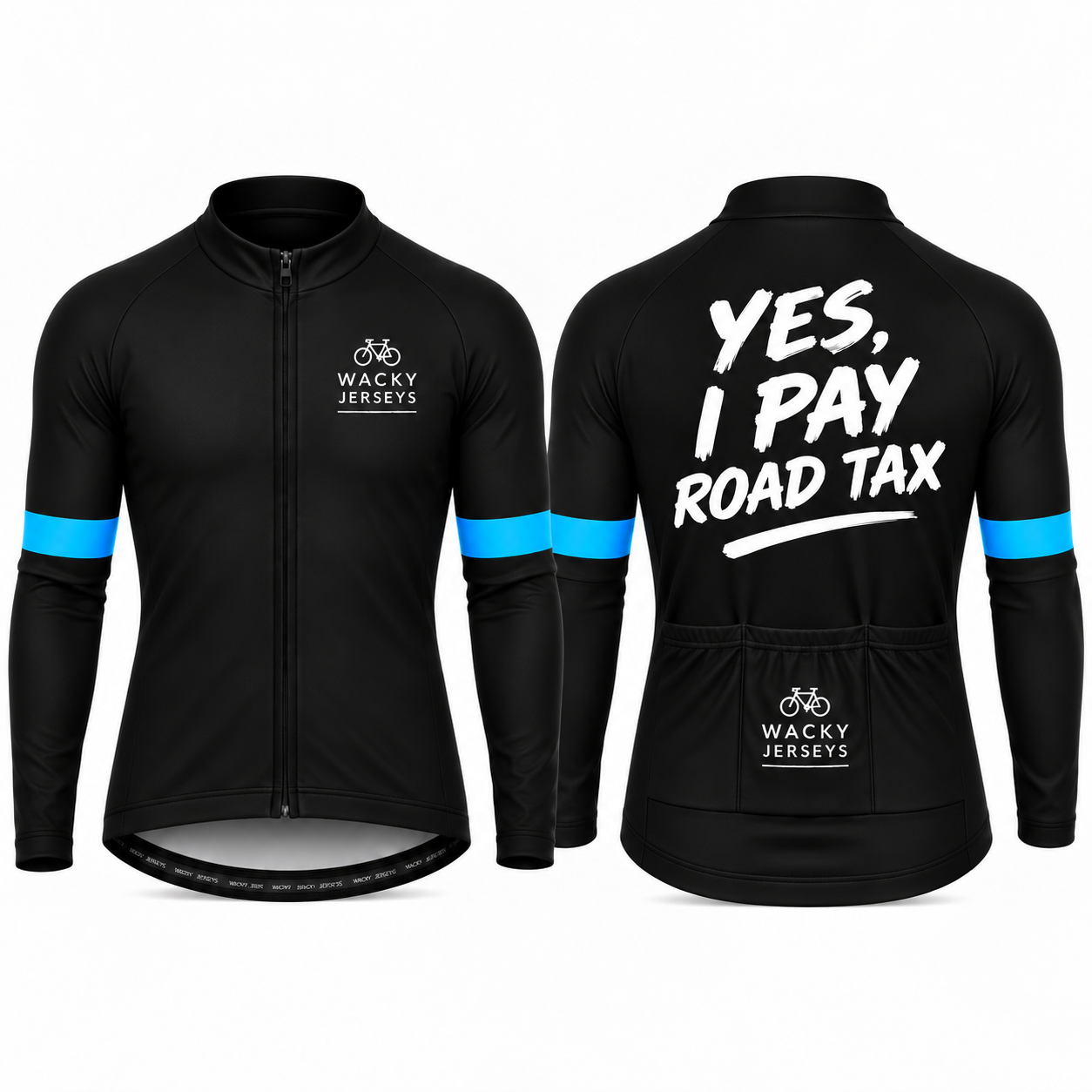 Front and back views of a black long-sleeve cycling jersey with bright blue stripes on the sleeves, featuring the 'Wacky Jerseys' logo on the chest and back, and the slogan 'YES, I PAY ROAD TAX' in white on the back.