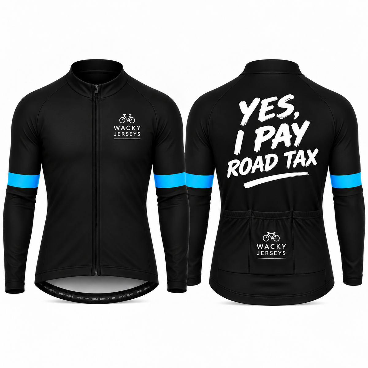 Front and back views of a black long-sleeve cycling jersey with bright blue stripes on the sleeves, featuring the 'Wacky Jerseys' logo on the chest and back, and the slogan 'YES, I PAY ROAD TAX' in white on the back.