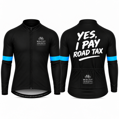 Front and back views of a black long-sleeve cycling jersey with bright blue stripes on the sleeves, featuring the 'Wacky Jerseys' logo on the chest and back, and the slogan 'YES, I PAY ROAD TAX' in white on the back.