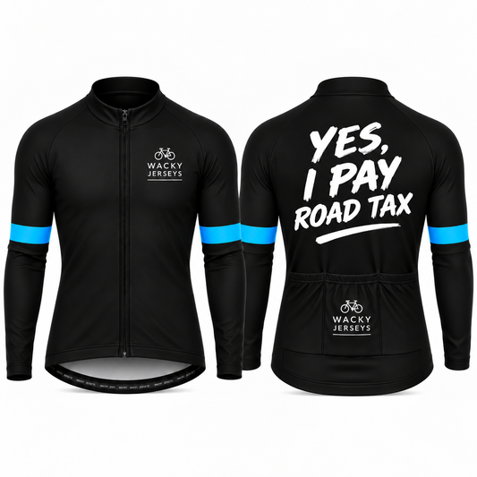 Front and back views of a black long-sleeve cycling jersey with bright blue stripes on the sleeves, featuring the 'Wacky Jerseys' logo on the chest and back, and the slogan 'YES, I PAY ROAD TAX' in white on the back.
