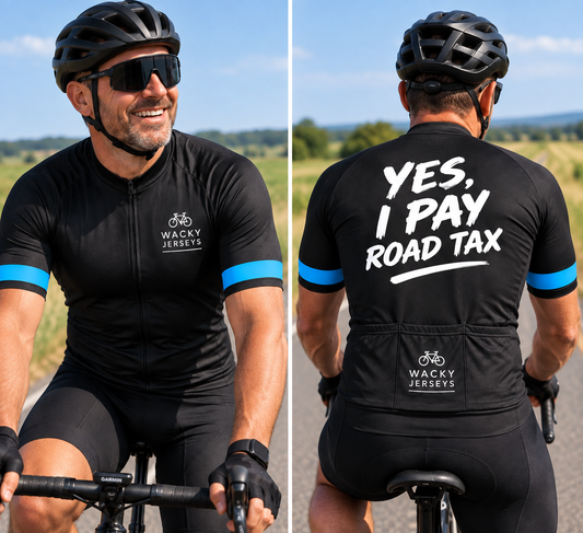 A man wearing a black cycling jersey with blue sleeve accents, shown from the front and back outdoors. The front has the Wacky Jerseys logo on the left chest, and the back reads 'YES, I PAY ROAD TAX' in large white letters.