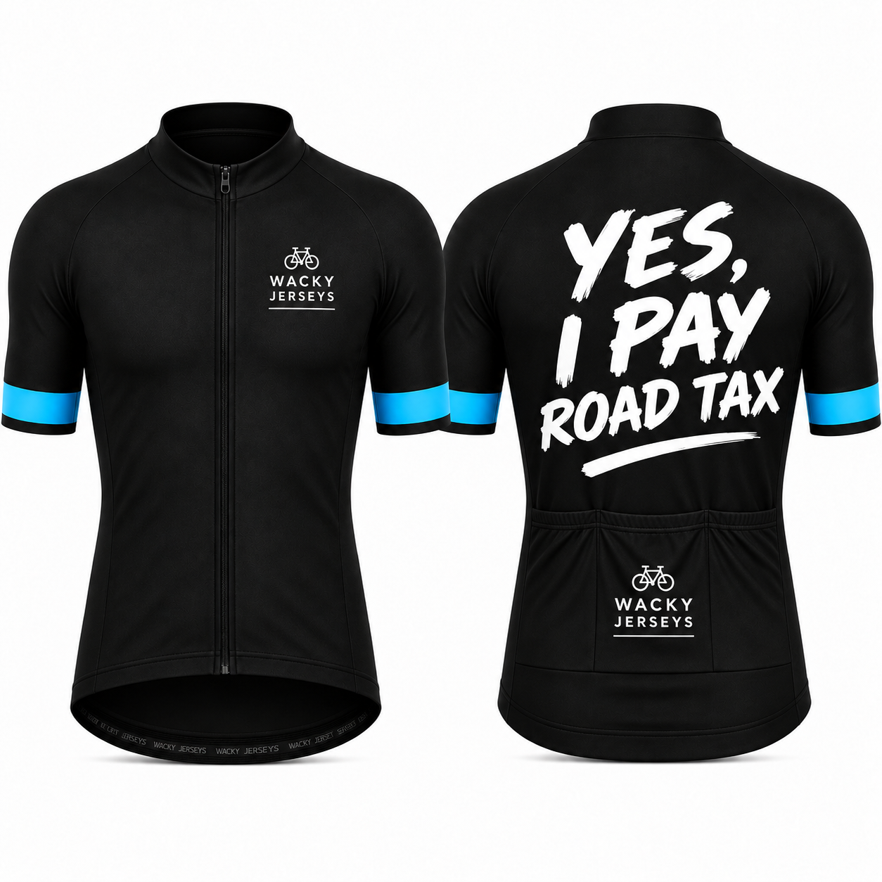 Black short-sleeve cycling jersey shown from the front and back on a white background. The front has a full zipper, a small white 'WACKY JERSEYS' logo on the left chest, and bright blue stripe accents at the sleeve cuffs.