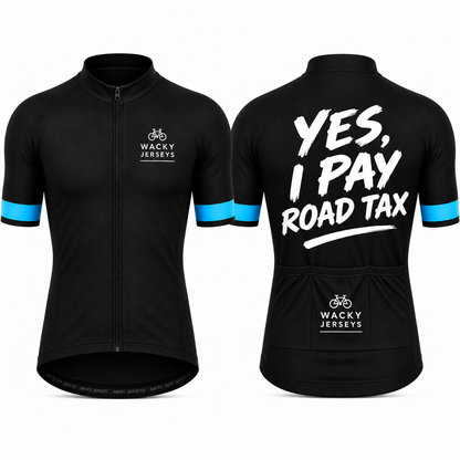 Black short-sleeve cycling jersey shown from the front and back on a white background. The front has a full zipper, a small white 'WACKY JERSEYS' logo on the left chest, and bright blue stripe accents at the sleeve cuffs.