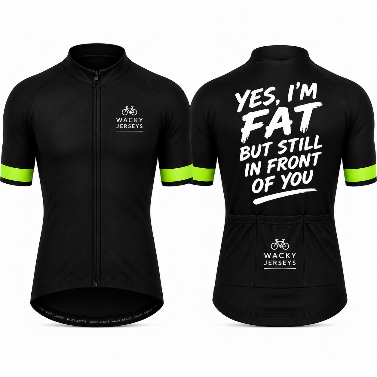 Black short-sleeve cycling jersey shown from the front and back on a white background. The front has a full zipper, a small white 'WACKY JERSEYS' logo on the left chest, and neon green sleeve stripes.