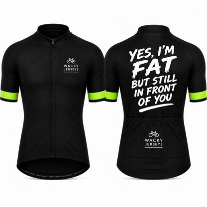 Black short-sleeve cycling jersey shown from the front and back on a white background. The front has a full zipper, a small white 'WACKY JERSEYS' logo on the left chest, and neon green sleeve stripes.
