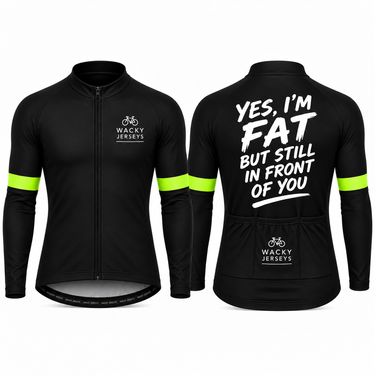 Black long-sleeve cycling jersey shown from the front and back on a white background. The front has a full zip, a small white 'WACKY JERSEYS' logo on the left chest, and bright neon green reflective stripes on the sleeves.