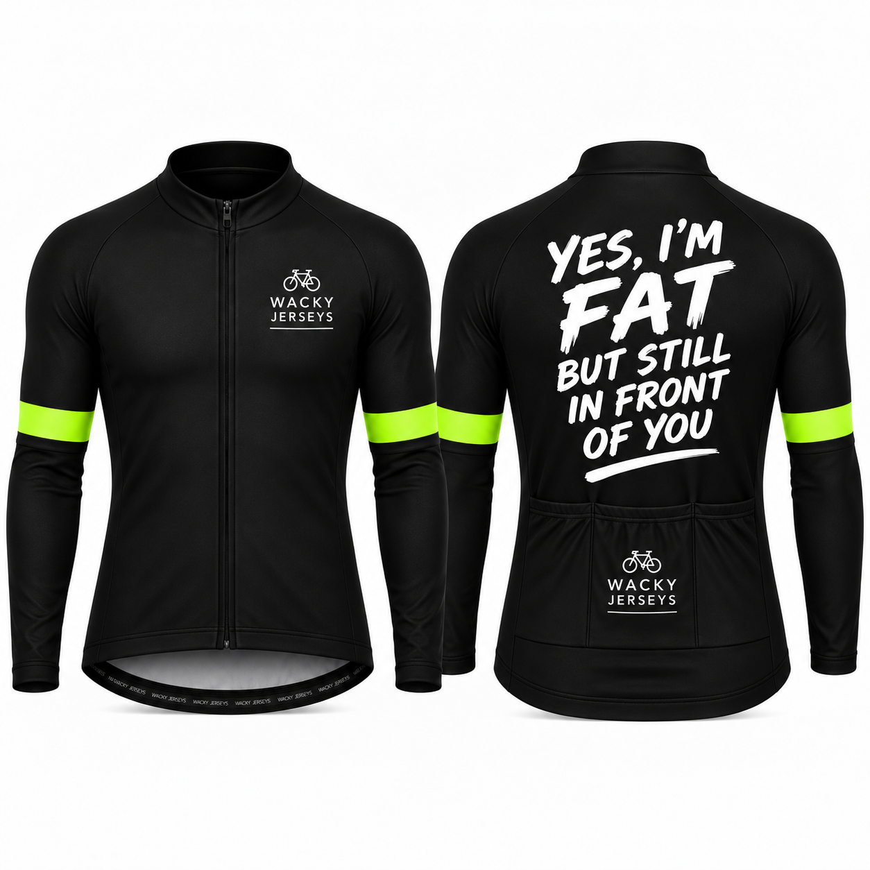 Black long-sleeve cycling jersey shown from the front and back on a white background. The front has a full zip, a small white 'WACKY JERSEYS' logo on the left chest, and bright neon green reflective stripes on the sleeves.