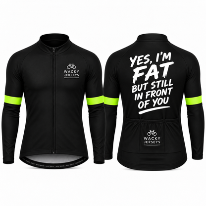 Black long-sleeve cycling jersey shown from the front and back on a white background. The front has a full zip, a small white 'WACKY JERSEYS' logo on the left chest, and bright neon green reflective stripes on the sleeves.