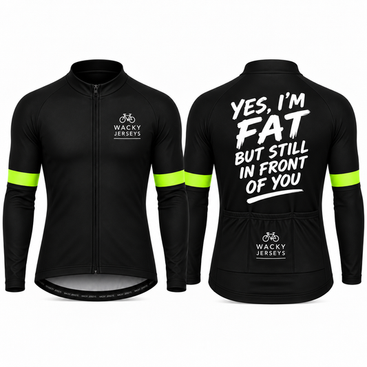 Black long-sleeve cycling jersey shown from the front and back on a white background. The front has a full zip, a small white 'WACKY JERSEYS' logo on the left chest, and bright neon green reflective stripes on the sleeves.