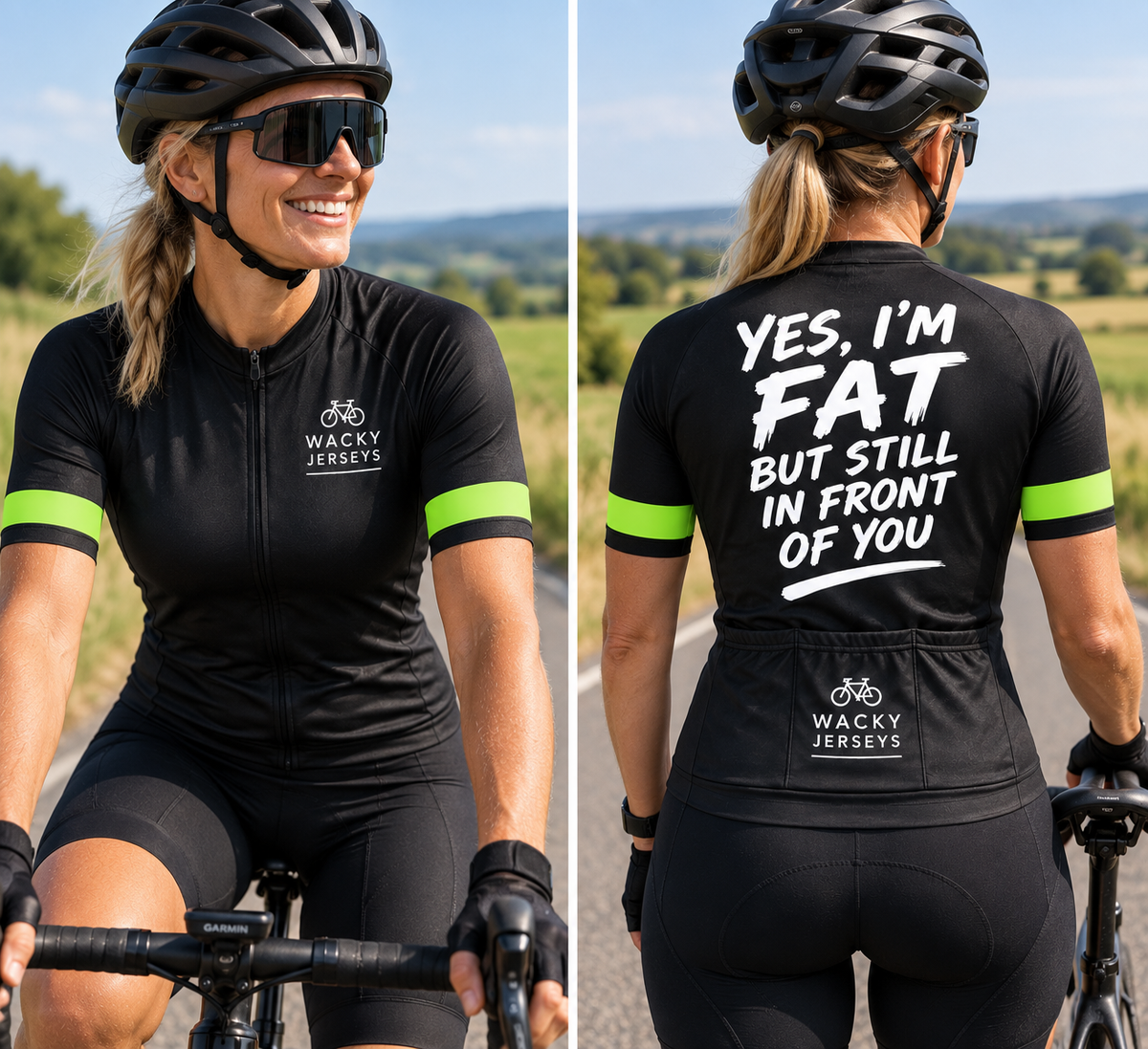 A woman wearing a black cycling jersey and shorts is shown from the front and back on a road bike outdoors. The front has a small white 'WACKY JERSEYS' logo on the chest, and the back has large white text reading 'YES, I'M FAT BUT STILL IN FRONT OF YOU' above the same brand logo.