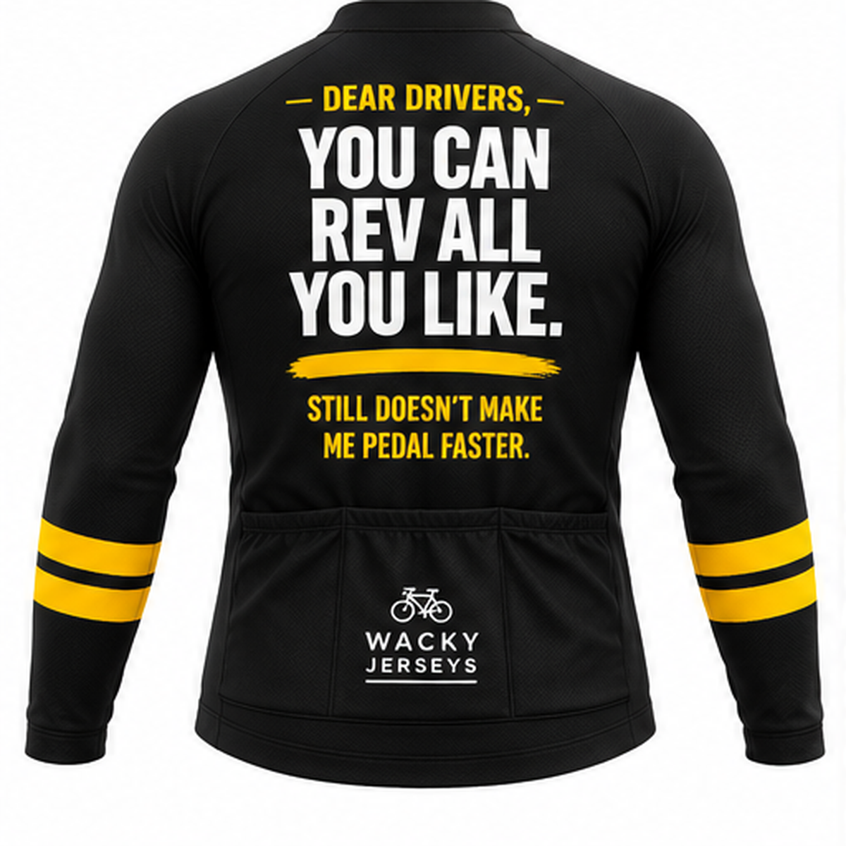 Black long-sleeve cycling jersey shown from the back with bold white and yellow text and sleeve stripes on a plain white background.