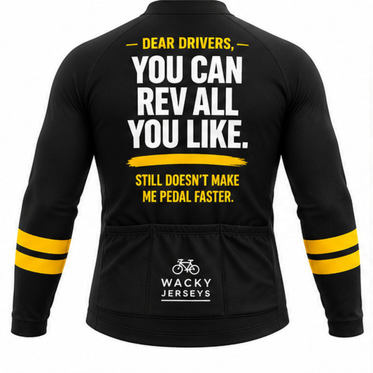 Black long-sleeve cycling jersey shown from the back with bold white and yellow text and sleeve stripes on a plain white background.