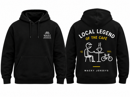 Front and back views of a black pullover hoodie. The front features a small white and yellow 'Wacky Jerseys' logo on the left chest.
